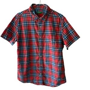 United Colors Of Benetton Men Red Plaid Button Up Shirt Size Large Short Sleeve